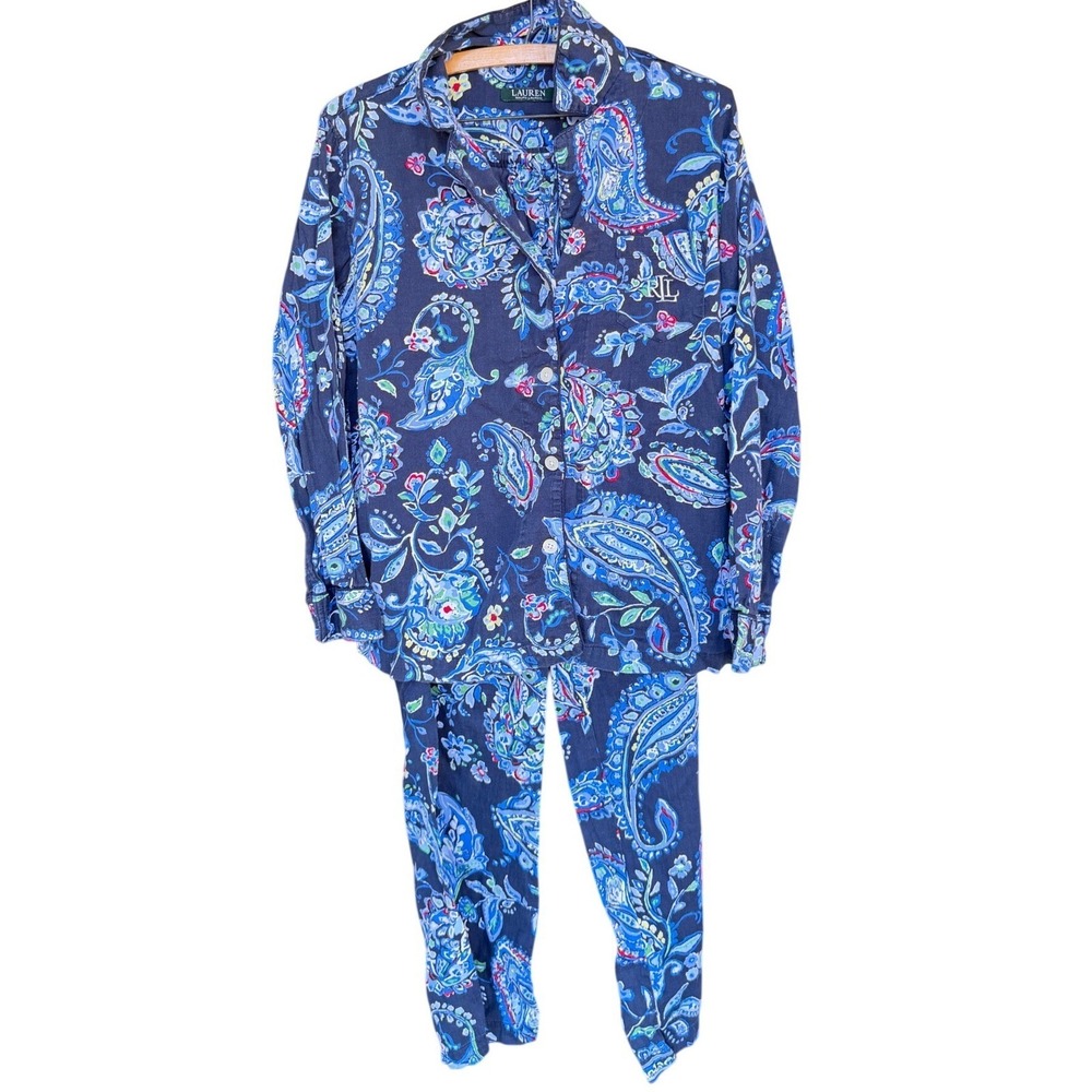 Lauren Ralph Lauren Womens Blue Paisley Pajama Set Button Front Long Sleeve M - Picture 3 of 10